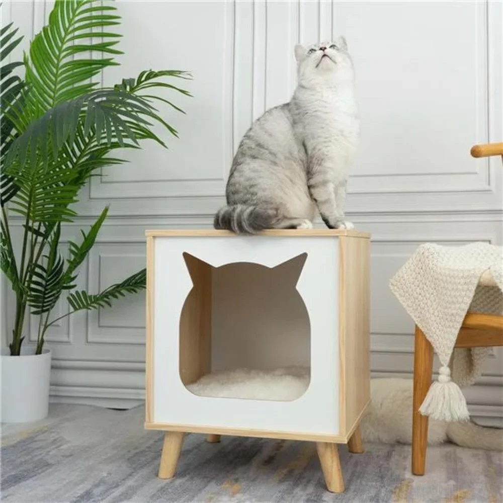 Wooden Cat House, Cat Condo Wood Kitten Hidden Cave TV Cat Bed with Cushion
